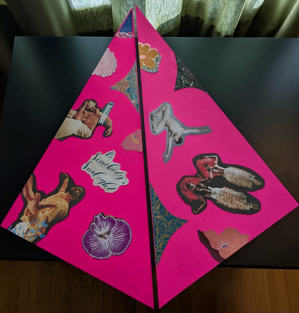 Two collages on pink backings in triangle shapes are placed together to make a kite shape. The two collages contain images of dancers, flowers, and abstract triangles.