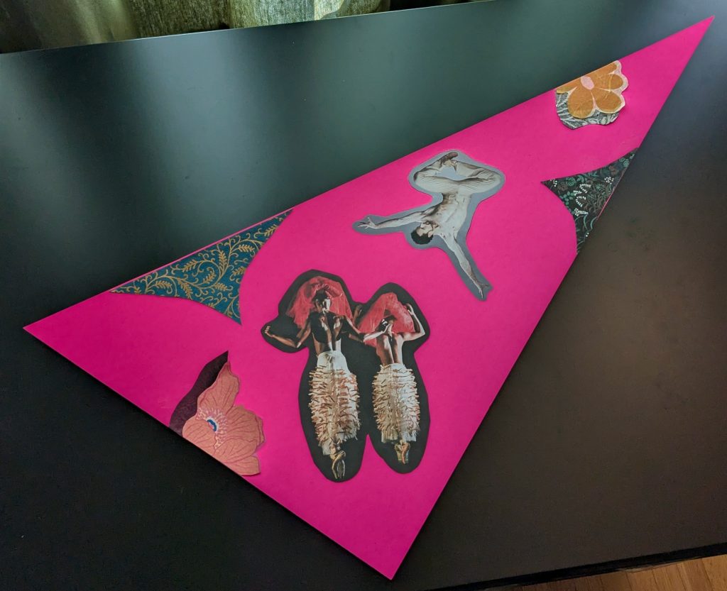 Collage on a pink backing in a triangle shape with three dancers, two flowers, and two triangles.