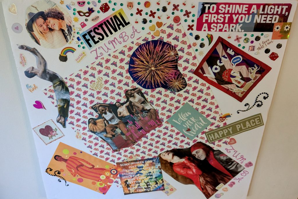 Large collage on white background shows images of two women in love, a pot of gold with a rainbow, dancers, actors, fireworks, hearts, and slogans like "To shine a light, first you need a spark," "Self-love club," "Follow your heart," "Festival Zumba," "Happy Place, "Fired Up," "Soul full of sunshine," "Be Kind," and "I love that I am."
