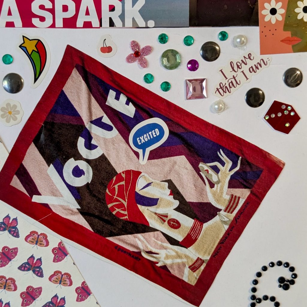 Detail from Collective Pride Zumba Collage focuses on an illustration of a Vogue model from the 1920's with a thought-bubble sticker that says, "Excited" next to her head. The image also shows small stickers of green gems, cherries, a flower, and a game piece (dice).
