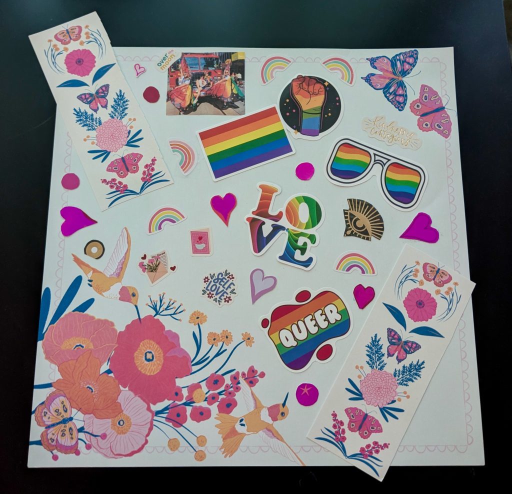 Collage celebrating Pride with images of dancers in a Pride parade, a rainbow flag, sunglasses with rainbow colours, rainbow stickers, butterflies, hearts, hummingbirds, and stickers that read, "Over the Moon," "Kindness is Contagious," "LOVE," "QUEER," AND "Self-Love."