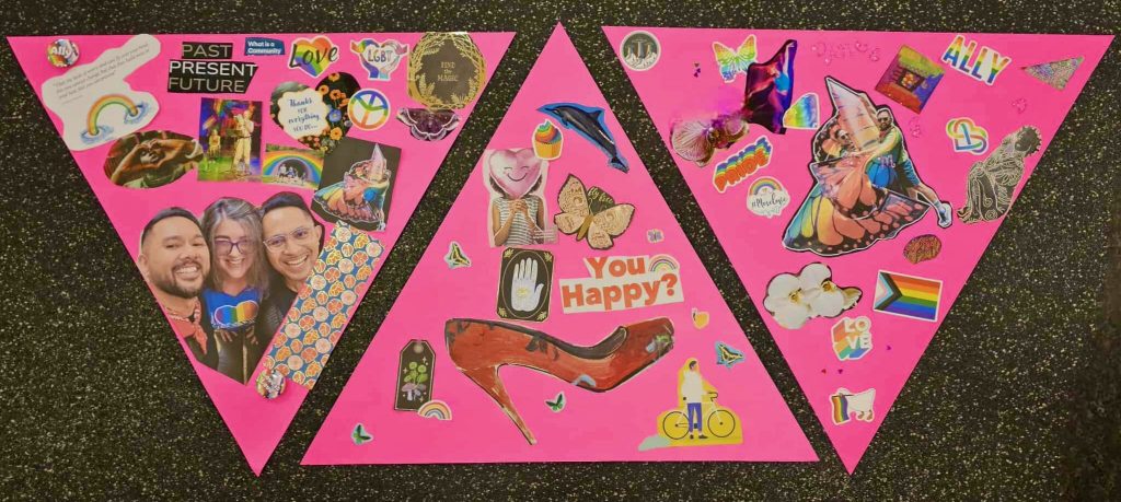 Three collages in on pink backings cut in the shape of triangles show images of rainbows, butterflies, smiling people, a pride flag, and two men dancing inside flowing butterfly wings.